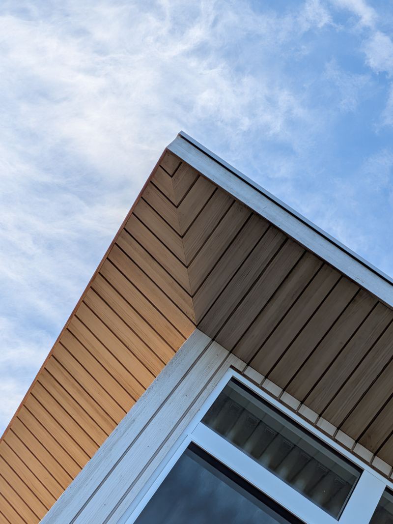 Bronte passivhaus renovation, timber lining boards at the roof corner